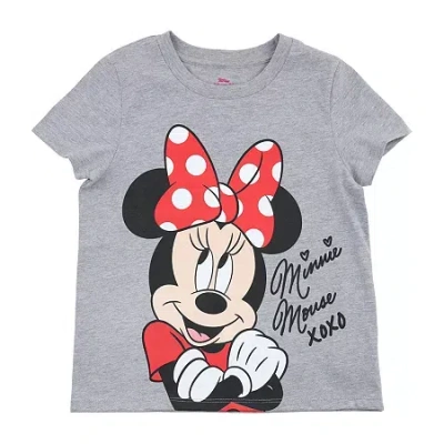 Disney Collection Little & Big Kid Girls Crew Neck Short Sleeve Regular Fit Minnie Mouse Graphic T-shirt In Gray