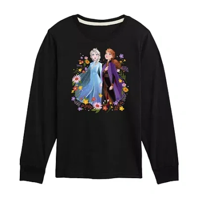 Disney Collection Little & Big Kid Girls Crew Neck Long Sleeve Regular Fit Frozen Graphic T-shirt In Black