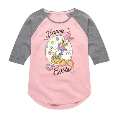 Disney Collection Little & Big Kid Girls Crew Neck 3/4 Sleeve Regular Fit Daisy Duck Graphic T-shirt In Pink