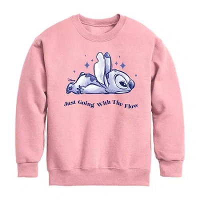Disney Collection Little & Big Kid Girls Crew Neck Long Sleeve Lilo & Stitch Sweatshirt In Pink