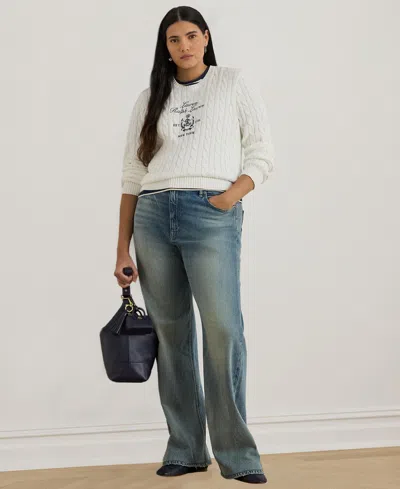 Ralph Lauren Plus Size Embroidered-crest Long-sleeve Sweater In White