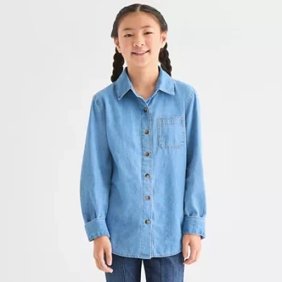 Thereabouts Little & Big Kid Girls Long Sleeve Cuffed Regular Fit Button-down Shirt In Blue
