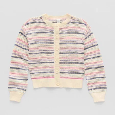 Thereabouts Little & Big Kid Girls Round Neck Long Sleeve Button Striped Cardigan In White