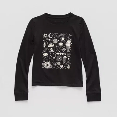 Thereabouts Little & Big Kid Girls Crew Neck Long Sleeve Regular Fit Graphic T-shirt In Black
