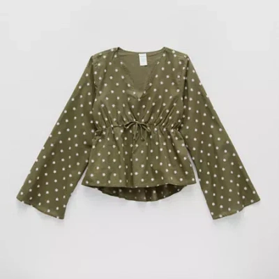 Thereabouts Little & Big Kid Girls V Neck Long Sleeve Blouse In Green