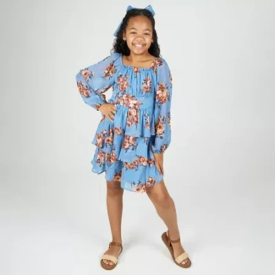 Rare Editions Big Kid Girls Long Sleeve Puffed A-line Dress In Blue