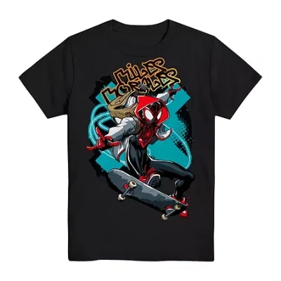 Mad Engine Miles Morales Little & Big Kid Boys Crew Neck Short Sleeve Regular Fit Spiderman Graphic T-shirt In Black