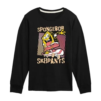 Air Waves Little & Big Kid Boys Crew Neck Long Sleeve Regular Fit Spongebob Graphic T-shirt In Black