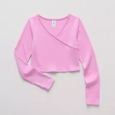 Xersion Little & Big Kid Girls V Neck Long Sleeve Active T-shirt In Pink