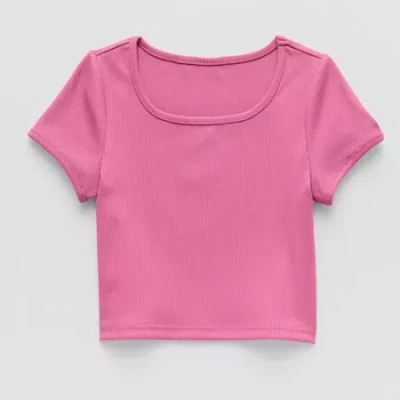 Xersion Ribbed Little & Big Kid Girls Scoop Neck Short Sleeve Active T-shirt In Pink