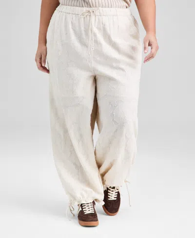 And Now This Trendy Plus Size Cotton Jacquard Drawstring-hem Pants, Macy's Exclusive In Neutral
