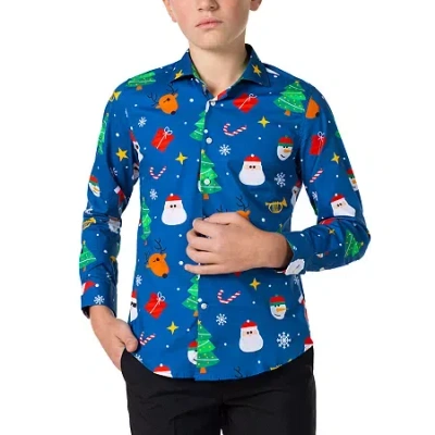 Opposuits Christmas Big Kid Boys Spread Collar Long Sleeve Dress Shirt In Blue