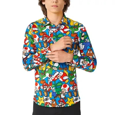 Opposuits Big Kid Boys Spread Collar Long Sleeve Super Mario Dress Shirt In Blue
