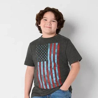 Thereabouts Little & Big Kid Boys Crew Neck Short Sleeve Flag Regular Fit Graphic T-shirt In Gray