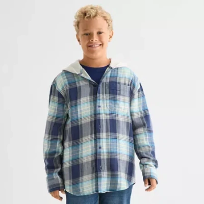 Thereabouts Little & Big Kid Boys Hooded Long Sleeve Cuffed Regular Fit Button-down Shirt In Blue