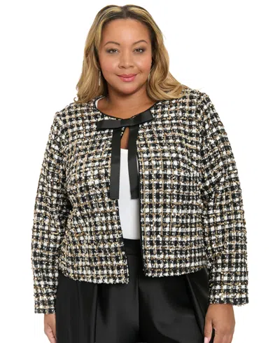 Muse Plus Size Tweed Jewel Neck Jacket With Bow