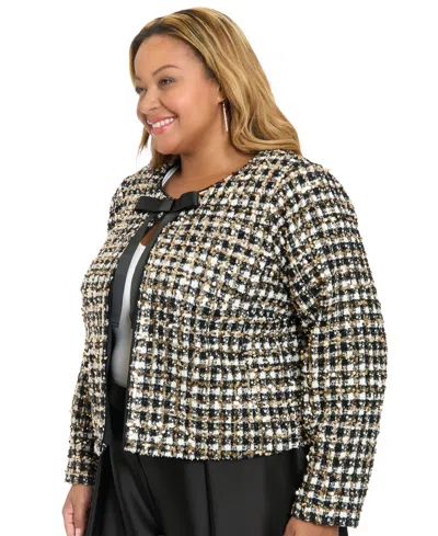 Muse Plus Size Tweed Jewel Neck Jacket With Bow