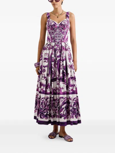 Dolce & Gabbana Long Poplin Dress With Majolica Print Dolce E Gabbana In Multi