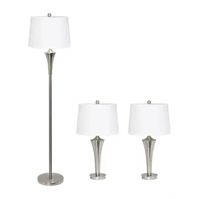 All The Rages Elegant Designs Brushed Nickel Tapered With White Shades 3-pc. Lamp Set In Silver