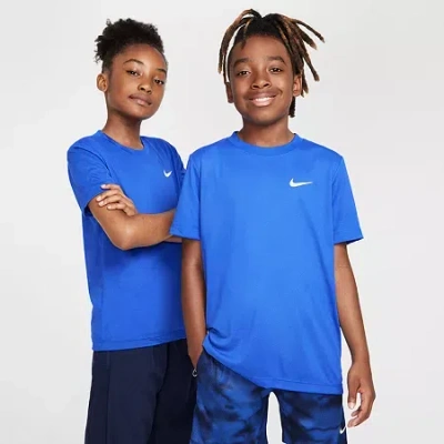 Nike Dri-fit Swoosh Big Kid Unisex Crew Neck Short Sleeve Regular Fit Graphic T-shirt In Blue