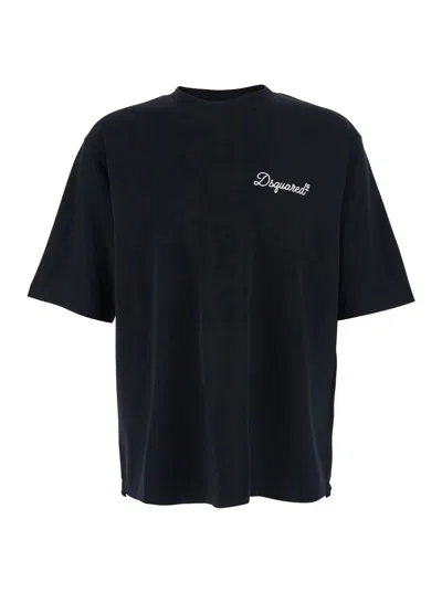 Dsquared2 Men Black T-shirt With Embroidered Logo On The Chest In Cotton Man In Black