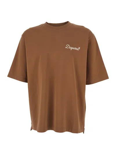 Dsquared2 Men Brown T-shirt With Embroidered Logo On The Chest In Cotton Man In Brown