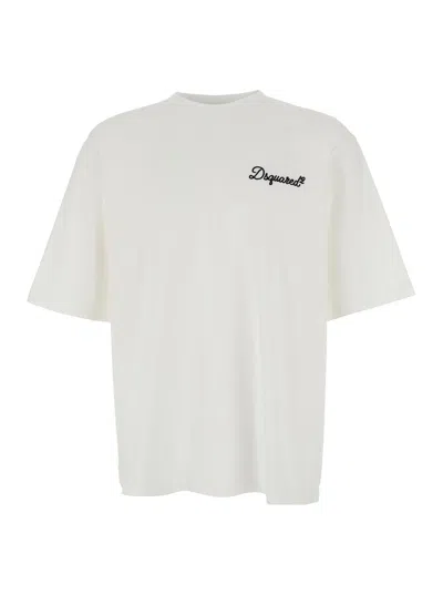 Dsquared2 Men White T-shirt With Embroidered Logo On The Chest In Cotton Man In White