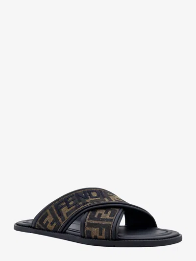 Fendi Double Crossed Band Logo Slides With Jacquard Ff Design In Black
