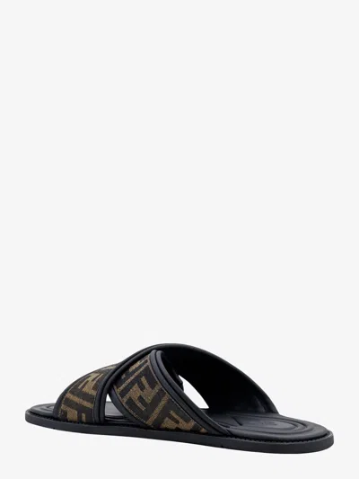 Fendi Double Crossed Band Logo Slides With Jacquard Ff Design In Black