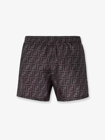 Fendi Tech Fabric With All-over Ff Pattern Swim Shorts In Brown