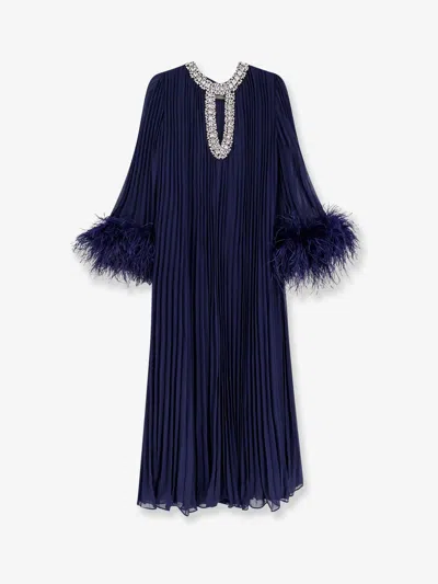Self-portrait Chiffon Long Dress With Ostrich Feathers In Blue