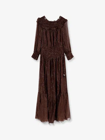 Self-portrait Georgette Long Dress With Lurex Detail In Brown