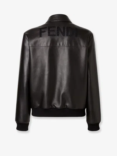 Fendi Pointed-collar Leather Jacket In Black