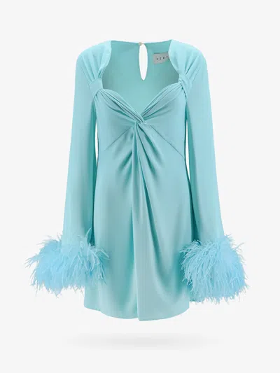 Nervi Dress With Natural Feathers With Knot On The Front In Blue