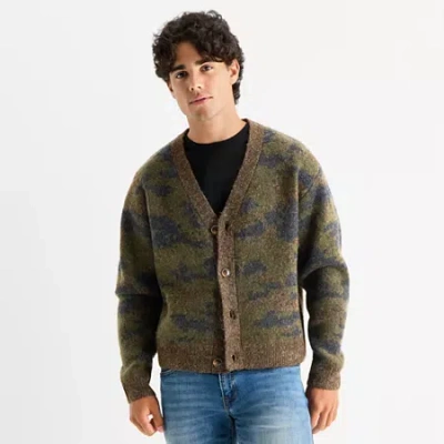 Arizona Mens V Neck Long Sleeve Button Camouflage Cardigan In Green