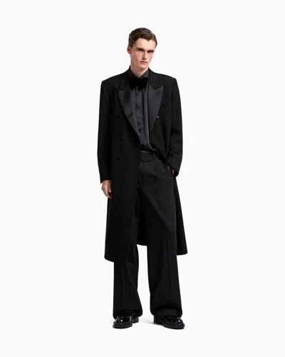 Emporio Armani Double-breasted Long Coat Satin Lapels In Black