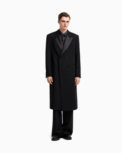 Emporio Armani Double-breasted Long Coat Satin Lapels In Black