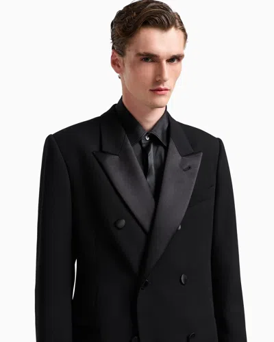 Emporio Armani Double-breasted Long Coat Satin Lapels In Black
