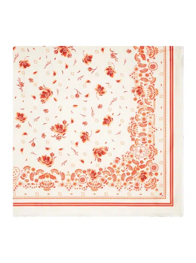 Fendi Women Multicolor Scarf With Bandana Print And Floral Details In Silk Woman In White