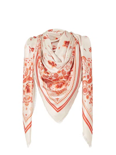 Fendi Women Multicolor Scarf With Bandana Print And Floral Details In Silk Woman In White