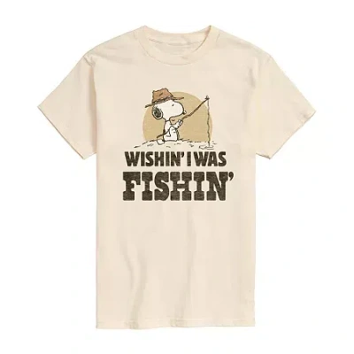 Novelty Mens Short Sleeve Wish I Was Fishin' Snoopy Graphic T-shirt In Sand