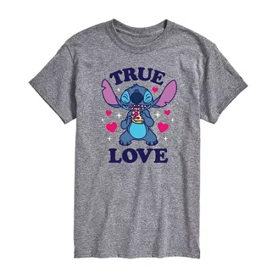 Novelty Mens Crew Neck Short Sleeve Lilo & Stitch Valentine's Day T-shirt In Gray