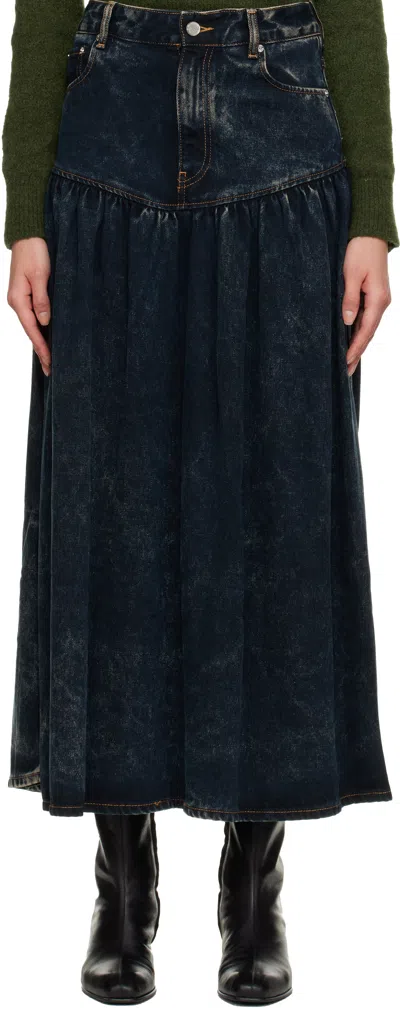 Ganni Black Washed Denim Midi Skirt In Black