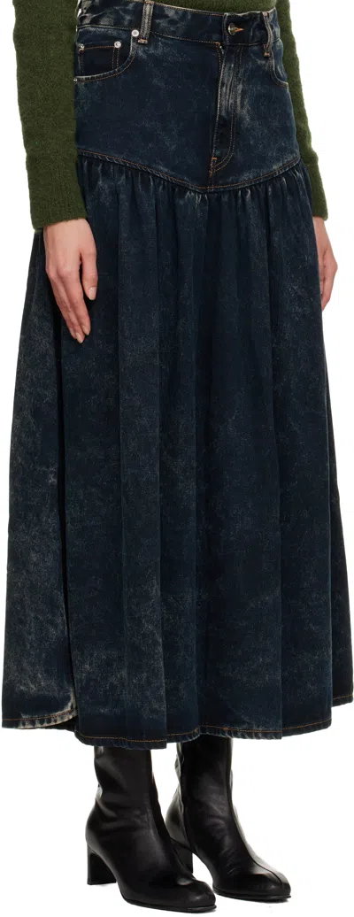 Ganni Black Washed Denim Midi Skirt In Black