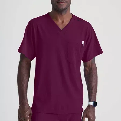 Skechers Sk0112 Structure 1-pocket Mens V Neck Short Sleeve Tag Free Stretch Fabric Moisture Wicking Scrub To In Burgundy