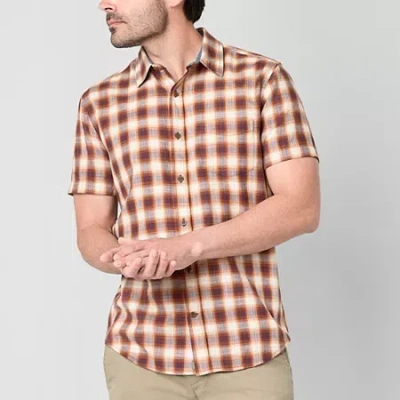Mutual Weave Mens Short Sleeve Regular Fit Button-down Shirt In Brown