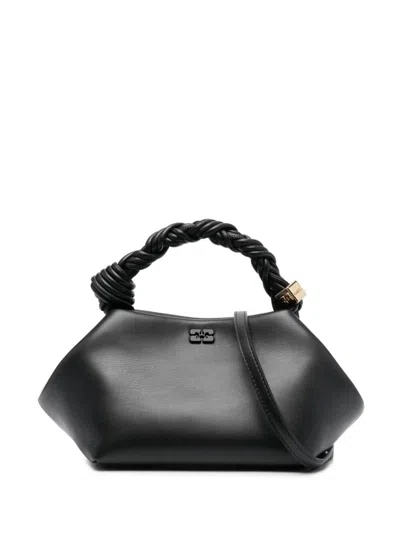 Ganni Bou Black Handbag With Butterfly Logo And Hand-braided Strands In Leather Woman In Black