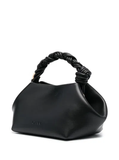Ganni Bou Black Handbag With Butterfly Logo And Hand-braided Strands In Leather Woman In Black