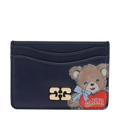 Ganni Women Bear Cards Holder With Logo In Blue