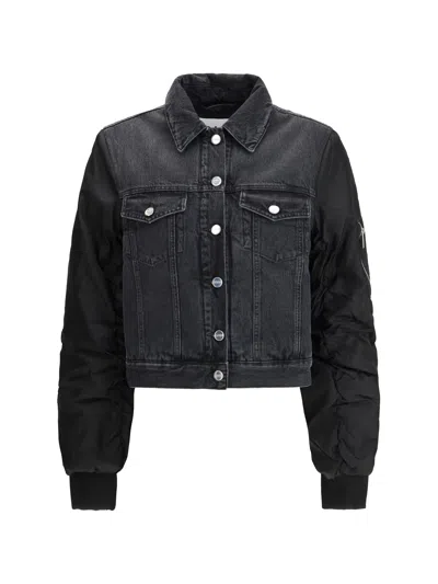 Ganni Modern Denim Jacket Contrast Sleeves In Black